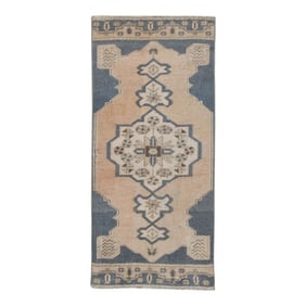 1960s Pink & Blue Geometric Design Handwoven Wool Vintage Turkish Mini Rug 1'6" X 3'2"