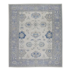 Early 21st Century Cream & Blue Floral Design Handwoven Wool Turkish Oushak Rug 9'4" X 11'7"