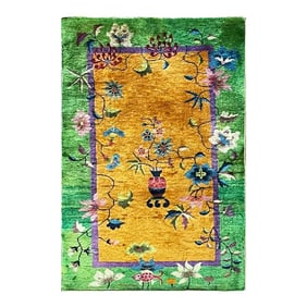 Antique Art Deco Chinese Oriental Rug, Gold 2'11" X 4'10" #17363, C-1920's