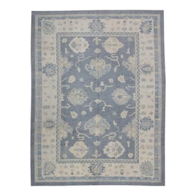 Early 21st Century Gray Floral Design Handwoven Wool Turkish Oushak Rug 9'1" X 11'9"