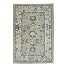 Early 21st Century Green & Blue Floral Design Handwoven Wool Turkish Oushak Rug 6'3" X 8'6"