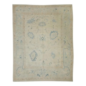 Early 21st Century Cream & Blue Floral Design Handwoven Wool Turkish Oushak Rug 8'2" X 10'6"