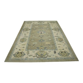 Early 21st Century Green Floral Design Handwoven Wool Turkish Oushak Rug 6'5" X 8'6"