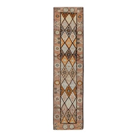 1960s Orange Geometric Design Handwoven Wool Vintage Turkish Oushak Runner 2'11" X 11'7"