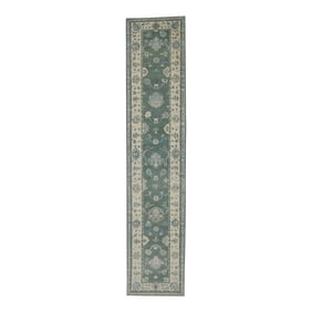 Early 21st Century Green Floral Design Handwoven Wool Turkish Oushak Runner 2'10" X 13'6"