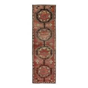 1960s Red Geometric Design Handwoven Wool Vintage Turkish Runner 3'3" X 10'11"