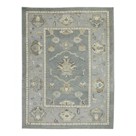 Early 21st Century Blue Floral Design Handwoven Wool Turkish Oushak Rug 5'2" X 6'7"