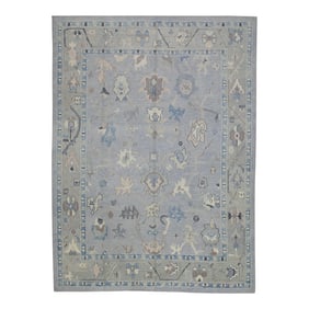 Early 21st Century Gray & Blue Floral Design Handwoven Wool Turkish Oushak Rug 8'10" X 12'