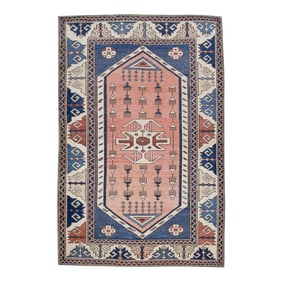 1960s Pink and Blue Vintage Handmade Turkish Rug 3'4" X 5'
