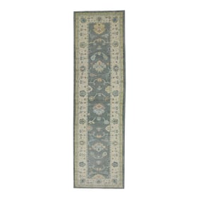 Early 21st Century Gray Multicolor Floral Design Handwoven Wool Turkish Oushak Rug 3'1" X 10'7"