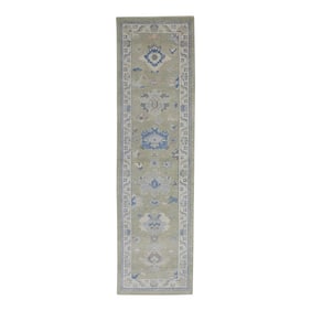 Early 21st Century Green & Blue Floral Design Handwoven Wool Turkish Oushak Rug 2'8" X 9'7"