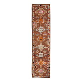 1960s Orange Geometric Design Handwoven Wool Vintage Turkish Runner 2'10" X 11'6"