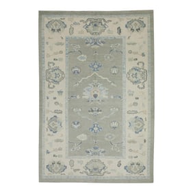 Early 21st Century Green & Blue Floral Design Handwoven Wool Turkish Oushak Rug 6' X 8'8"