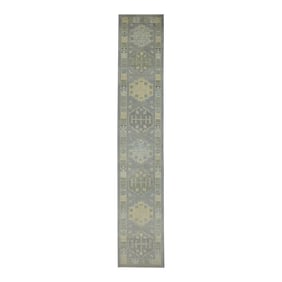 Early 21st Century Blue & Green Geometric Design Handwoven Wool Turkish Oushak Rug 2'10" X 14'10"