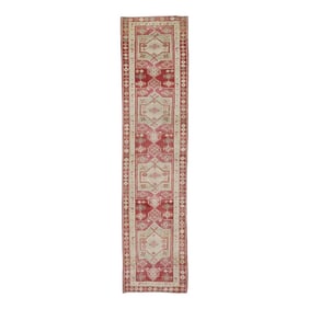 1960s Red Geometric Design Handwoven Wool Vintage Turkish Oushak Runner 3' X 12'7"