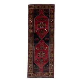 1960s Red Geometric Design Handwoven Wool Vintage Turkish Runner 3'8" X 9'11"