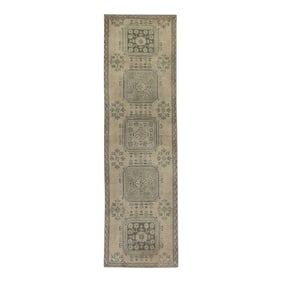 1960s Brown Geometric Design Handwoven Wool Vintage Turkish Oushak Runner 3'1" X 10'7"