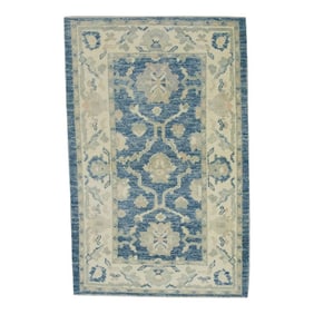 Early 21st Century Blue Floral Design Handwoven Wool Turkish Oushak Rug 3' X 4'10"