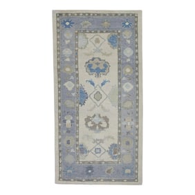 Early 21st Century Blue Floral Design Handwoven Wool Turkish Oushak Runner 5'1" X 9'7"