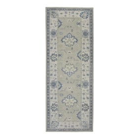 Early 21st Century Green & Blue Floral Design Handwoven Wool Turkish Oushak Runner 5' X 12'10"
