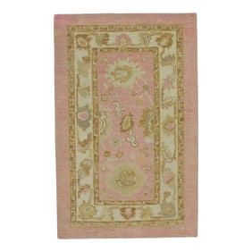 Early 21st Century Pink & Yellow Floral Design Handwoven Wool Turkish Oushak Rug 3' X 4'6"