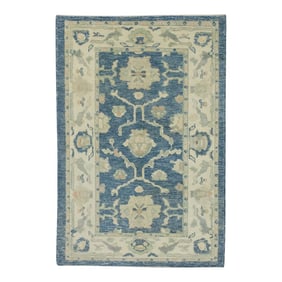 Early 21st Century Blue Floral Design Handwoven Wool Turkish Oushak Rug 3'11" X 6'4"