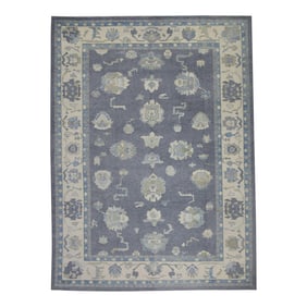 Early 21st Century Gray & Blue Floral Design Handwoven Wool Turkish Oushak Rug 9' X 11'10"