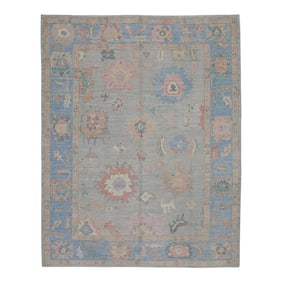 Early 21st Century Blue & Pink Floral Design Handwoven Wool Turkish Oushak Rug 9'6" X 11'10"
