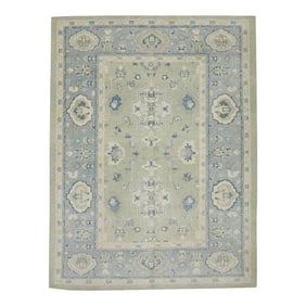 Early 21st Century Green & Blue Floral Design Handwoven Wool Turkish Oushak Rug 6'2" X 8'2"