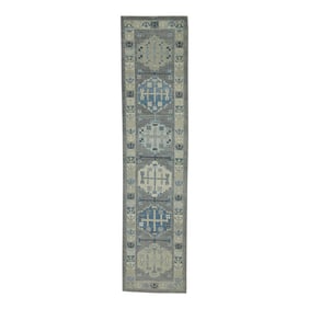 Early 21st Century Gray Geometric Design Handwoven Wool Turkish Oushak Runner 2'11" X 12'8"