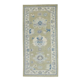 Early 21st Century Green & Blue Floral Design Handwoven Wool Turkish Oushak Rug 2'11" X 6'1"