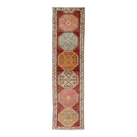 1960s Red Colorful Geometric Design Handwoven Wool Vintage Turkish Runner 2'9" X 10'8"