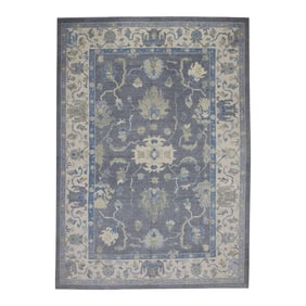 Early 21st Century Gray & Blue Floral Design Handwoven Wool Modern Turkish Oushak Rug 9'9" X 13'11"