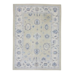 Tan & Blue Floral Design Handwoven Wool Turkish Oushak Rug 6'3" X 8'7"
