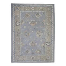Early 21st Century Blue & Taupe Floral Design Handwoven Wool Turkish Oushak Rug 9'9" X 13'3"