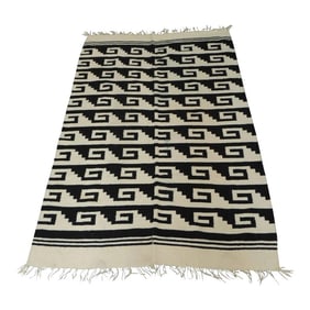 Vintage Woven Natural and Black Peruvian Flat-Weave Rug or Throw