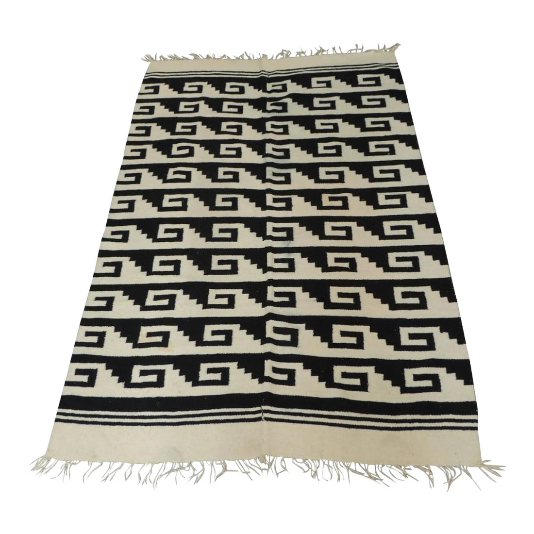 Vintage Woven Natural and Black Peruvian Flat-Weave Rug or Throw (1 of 7)