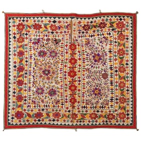 Large Antique Embroidered Panel With Floral Pattern From India