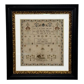 British 19th Century Stag Looking at Bee Tapestry Sampler by Rachel 1831 Oswestry National School