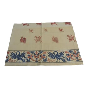 Vintage Red and Blue Embroidered Linen Textile From Greek Isles