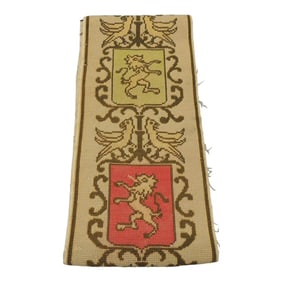Antique Green and Orange Tapestry Border Depicting Lions and Coat of Arms
