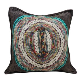 Large Black and Aqua Guatemalan Embroidered Square Decorative Pillow