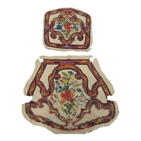 Vintage Red and Green Aubusson Tapestry Chair Seat and Back Covers - Set of 2