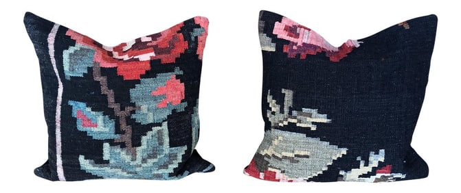 Vintage Karabagh Region Rose Kilim Pillows - A Pair