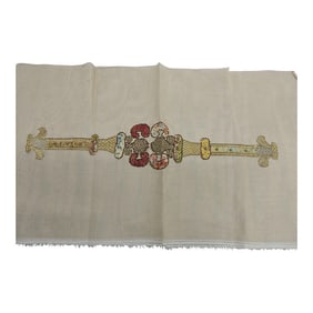 Antique Italian Transfer Applique on Sheer Linen Fabric Panel