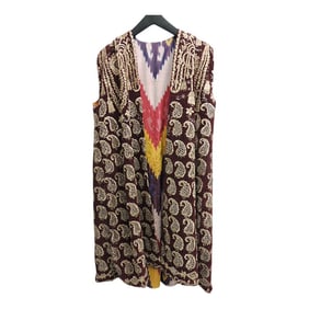 Antique Silk Velvet Red Embroidered Long Vest With Metallic Gold Details