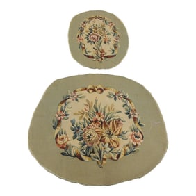 Vintage Green and Blue Floral Aubusson Tapestry Chair Back and Seat Covers - Set of 2