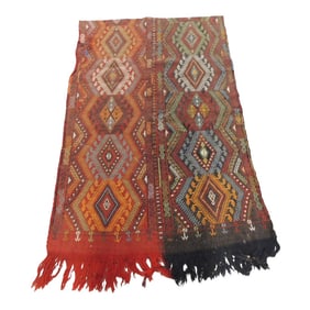 Vintage Woven Orange and Red Kilim Textile Panel With Fringes