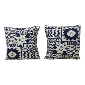 Blue and White African Bark Cloth Square Decorative Pillows - a Pair