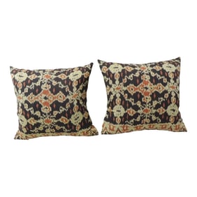 Vintage Orange and Black Square Batik Decorative Pillows - a Pair